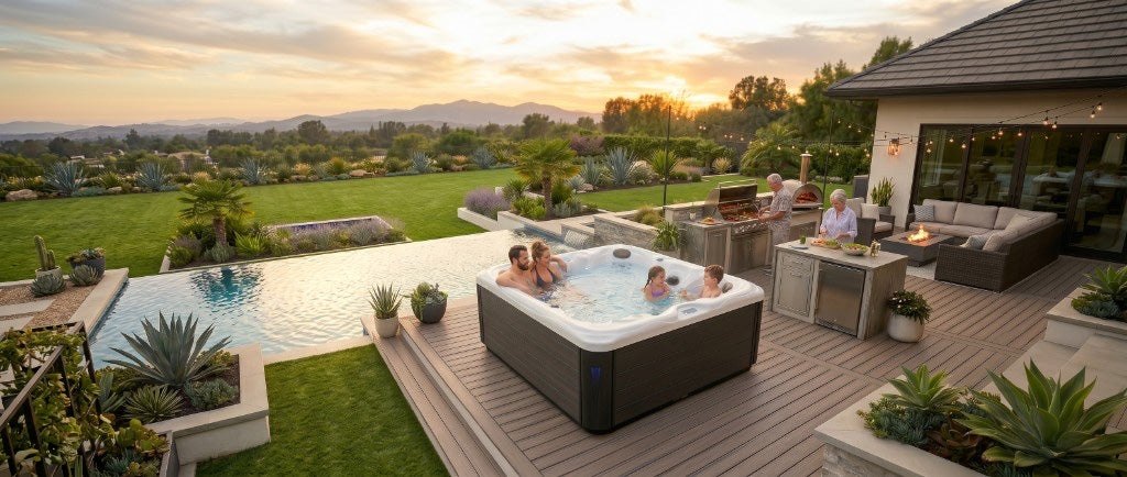 Enduro Spa in a lush backyard at dusk